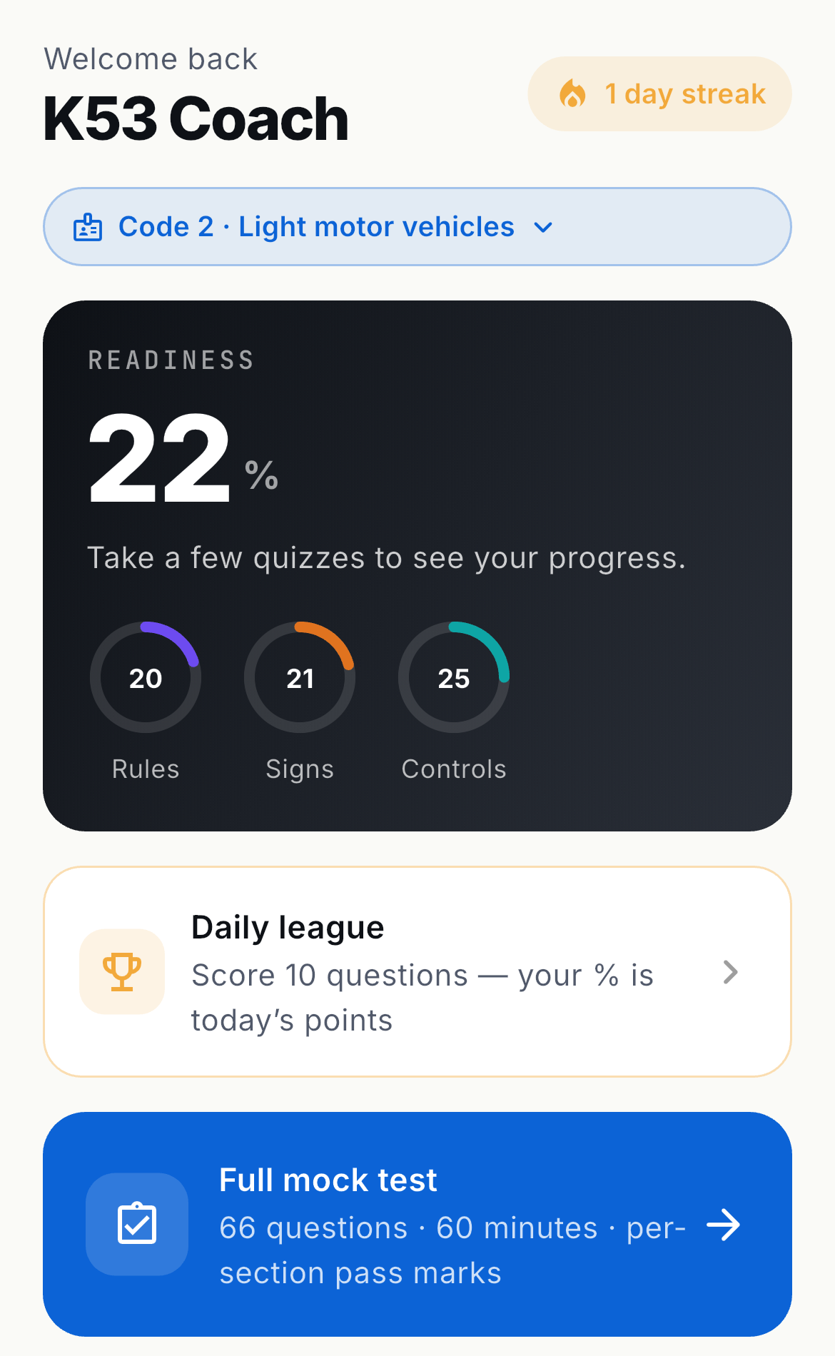 K53 Coach home screen — test readiness, daily league and full mock test